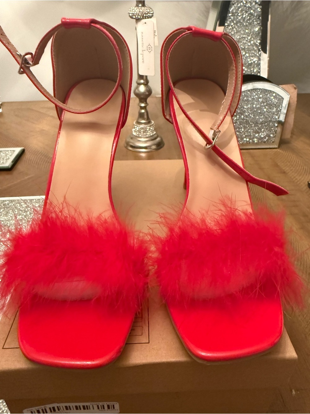 Feather-Trim Ankle Strap Heels in Red